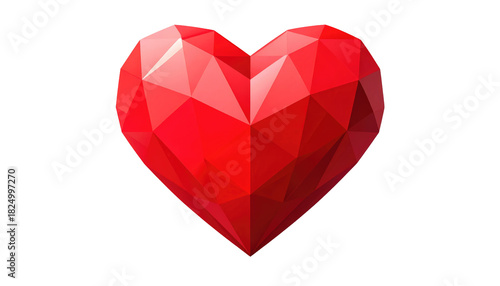 A vibrant, three-dimensional geometric heart, composed of numerous red triangular facets. The heart is isolated on a black background
