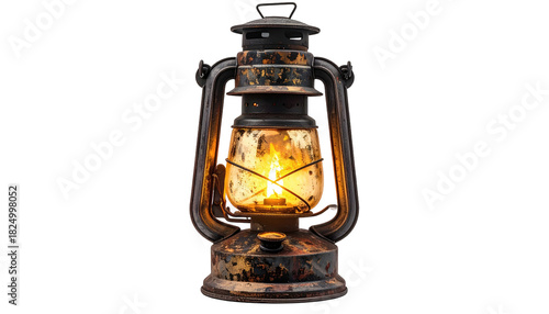 A vintage oil lamp glows brightly against a stark black backdrop. It shows wear and age and the flame is vivid
