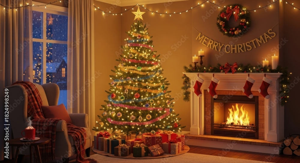 Fototapeta premium Cozy Christmas evening by the fireplace with a decorated tree
