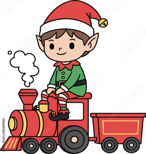 Cartoon elf sitting on a red toy train with smoke on white background christmas helper