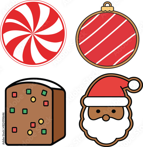 Christmas Sweets Including a Peppermint Swirl, Ornament, Fruitcake, and Santa Cookie Keywords