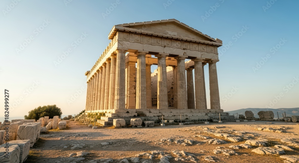 Fototapeta premium Majestic ancient greek temple at sunrise with doric columns and ruins