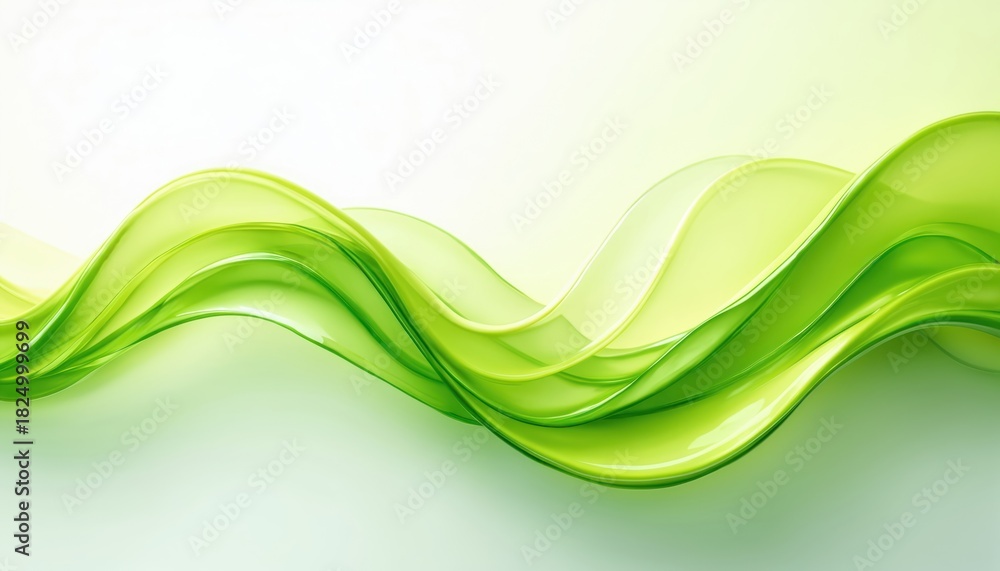 Fototapeta premium Abstract green wavy lines flow across white background. Smooth gradient curves create dynamic motion. Minimalist digital art suggests fluidity and organic forms for modern designs.