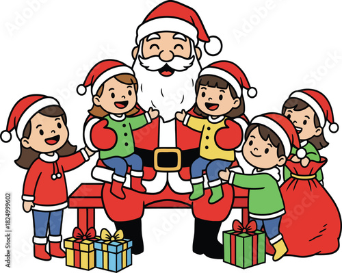 Santa Claus sitting with children around him with gifts and a sack Keywords: Santa Claus, Christmas