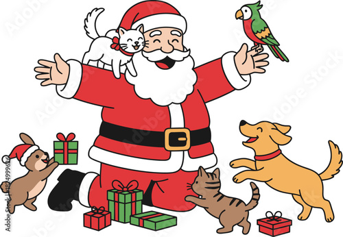 Santa Claus With Happy Animals And Christmas Gifts pets