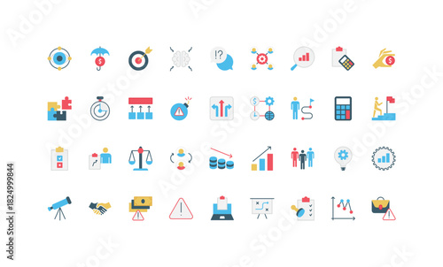 Crisis management methods, advices and team communication, development plan color icon set. Risk prevention strategy, caution signs of threat and data inspection, assurance flat vector illustration