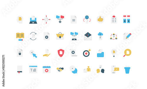 Document approval, validation of file, agreement and business project color icon set. Checkmark and handshake approve idea and legal contract, folders system and report flat vector illustration