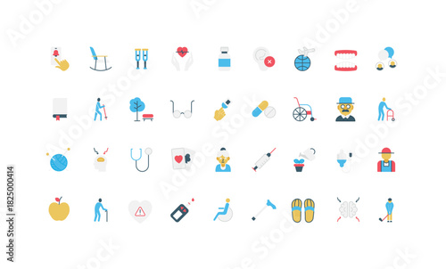 Elderly life and hobby, senior people care, medication, caregivers support color icon set. Hearing loss and crutches, risk of heart attack, medical support of pensioner flat vector illustration