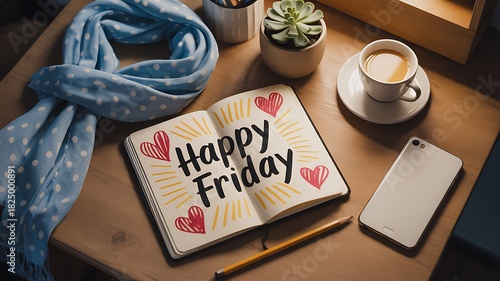 Wallpaper Mural Happy Friday concept notebook coffee phone scarf succulent on desk Torontodigital.ca