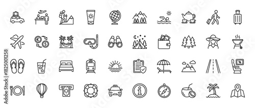 Travel and tourism line icon set. Vector pictograms of car, plane, luggage, hotel, camping tent, beach, insurance, map and compass, thin linear illustration.