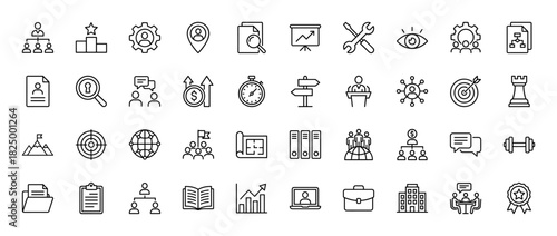 Business and management line icon set. Vector pictograms of teamwork, strategy, planning, finance, and career growth, thin linear illustration.