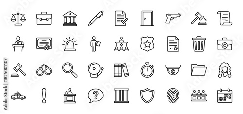 Justice and law enforcement line icon set. Vector pictograms of gavel, handcuffs, police car, and briefcase, thin linear illustration.