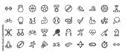 Sports and fitness line icon set. Vector pictograms of running shoe, dumbbell, soccer ball, medal, and bicycle, thin linear illustration.