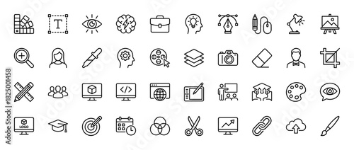 Creative design and development line icon set. Vector pictograms of pen tool, color palette, camera, and coding, thin linear illustration.