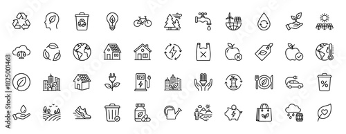 Ecology and environment line icon set. Vector pictograms of recycling, renewable energy, and sustainable living, thin linear illustration.