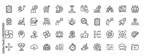 Business management and success line icon set. Vector pictograms of strategy, planning, leadership, analysis, and teamwork, thin linear illustration.