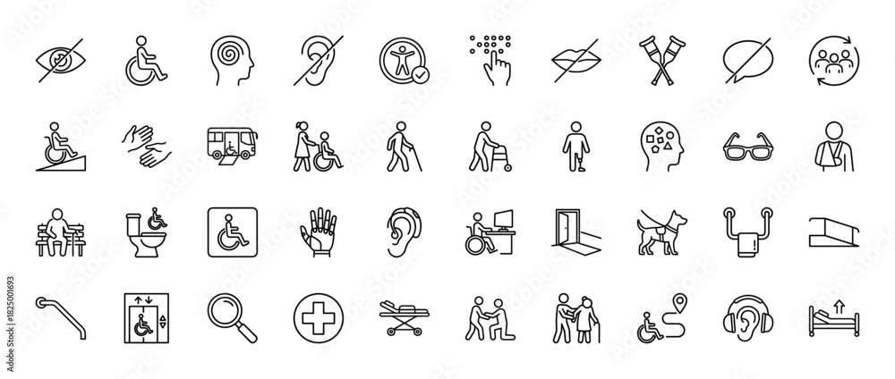 Obraz premium Disability and accessibility line icon set. Vector pictograms of wheelchair user, guide dog, hearing aid, and ramp, thin linear illustration.