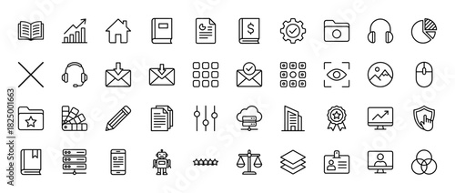 Business and technology line icon set. Vector pictograms of document, chart, building, email, and robot, thin linear illustration.