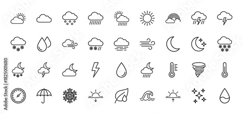 Weather and meteorology line icon set. Vector pictograms of sun, rain, snow, clouds, wind, and lightning, thin linear illustration.