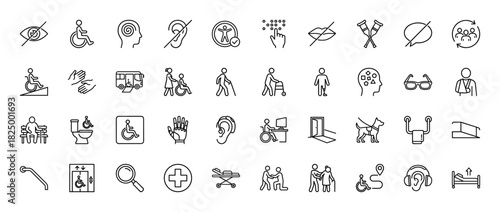 Disability and accessibility line icon set. Vector pictograms of wheelchair user, guide dog, hearing aid, and ramp, thin linear illustration.