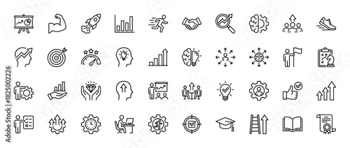 Business growth and success line icon set. Vector pictograms of charts, rocket, target, brain, handshake, and gear, thin linear illustration.