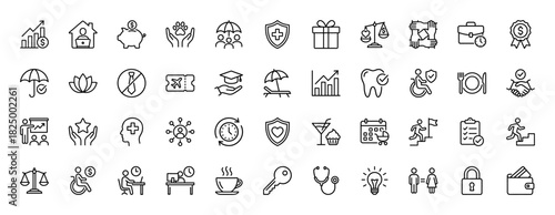 Business, insurance, and personal finance line icon set. Vector pictograms of umbrella, shield, handshake, house, and chart, thin linear illustration.