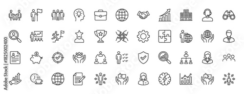 Business and management line icon set. Vector pictograms of teamwork, finance, strategy, and leadership, thin linear illustration.