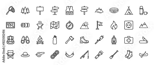Camping and outdoor recreation line icon set. Vector pictograms of backpack, compass, tent, binoculars, and map, thin linear illustration.