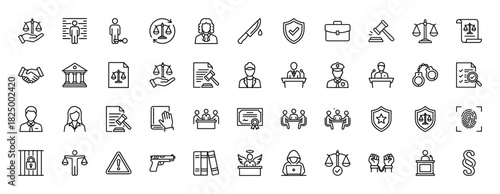 Justice and law line icon set. Vector pictograms of handcuffs, judge, shield, gavel, and fingerprint, thin linear illustration.