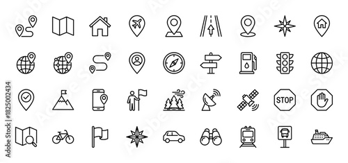Navigation and travel line icon set. Vector pictograms of map, GPS location, transportation, and directional signs, thin linear illustration.