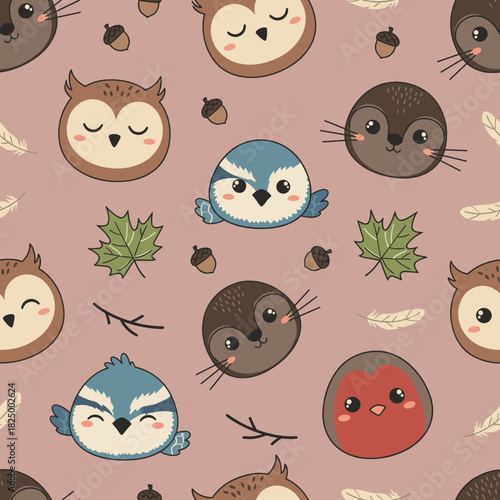 Cute Forest Birds Seamless Pattern Vector SVG - Kawaii Owl, Robin, Mole, Blue Tit on Pastel Dusty Rose Nursery