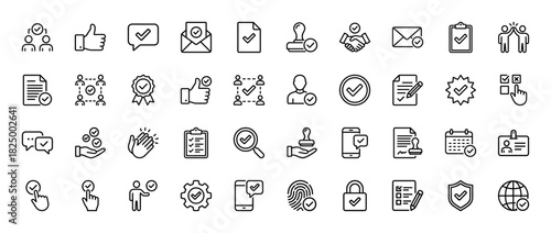Approval and confirmation line icon set. Vector pictograms of handshake, clipboard, stamp, checklist, and security padlock, thin linear illustration.