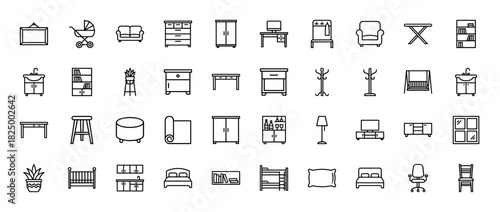 Home furniture and interior decor line icon set. Vector pictograms of sofa, bed, desk, chair, cabinet, and crib, thin linear illustration.