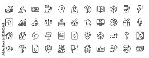 Finance and insurance line icon set. Vector pictograms of money, umbrella, car accident, and security shield, thin linear illustration.