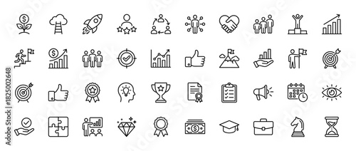 Business success and development line icon set. Vector pictograms of teamwork, goals, money, and achievement, thin linear illustration.