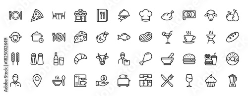 Food and restaurant line icon set. Vector pictograms of chef hat, pizza, steak, coffee, and dessert, thin linear illustration.