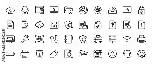 Data security and privacy line icon set. Vector pictograms of padlock, shield, key, fingerprint, and cloud, thin linear illustration.