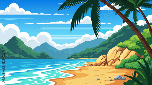 Tropical beach with palm trees, blue ocean waves, and lush green mountains under a cloudy sky