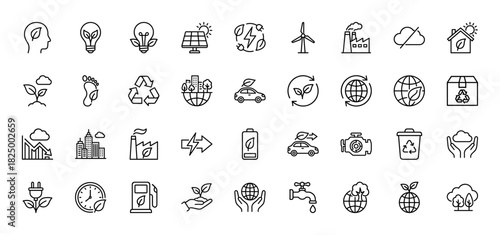 Ecology and sustainability line icon set. Vector pictograms of wind turbine, recycling, solar panel, and electric car, thin linear illustration.