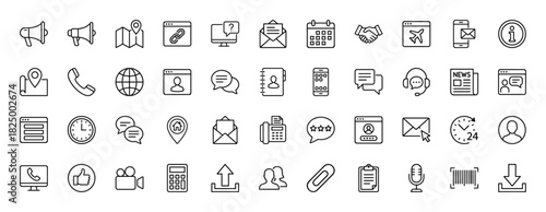 Business and communication line icon set. Vector pictograms of a phone, calendar, email, contact book, and clock, thin linear illustration.