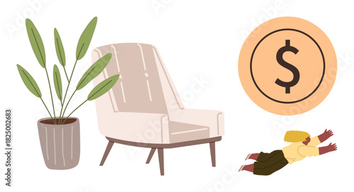 Soft armchair near indoor plant, oversized dollar icon, and a person diving forward. Ideal for finance, comfort, ambition, growth, minimalism investment lifestyle themes. Simple flat metaphor