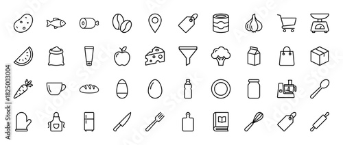 Grocery and kitchen outline icon set. vector pictograms of coffee beans, fish, potato, apron, cutting board, and whisks, thin linear illustration.