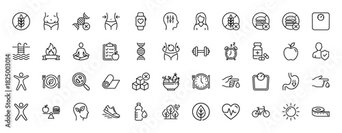 Weight loss and diet line icon set. Vector pictograms of waist, scale, healthy food, workout, metabolism, fasting, supplements and gym equipment, thin linear illustration.