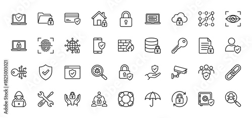 Cybersecurity line icon set. vector pictograms of padlock, shield, key, fingerprint, and firewall, thin linear illustration.