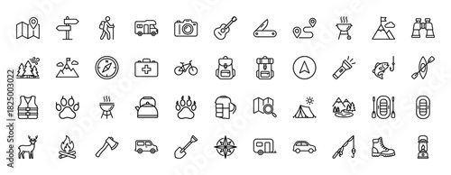 Outdoor recreation line icon set. Vector pictograms of camera, backpack, tent, campfire, and compass, thin linear illustration.
