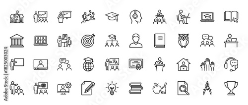Education line icon set. Vector pictograms of school, student, graduate cap, diploma, teacher, and books, thin linear illustration.