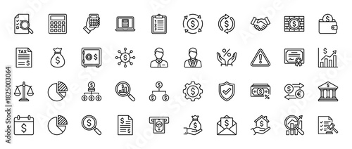 Finance and business line icon set. Vector pictograms of money, tax, bank, wallet, chart, and calculator, thin linear illustration.