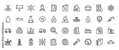 Petroleum and oil industry line icon set. Vector pictograms of drilling, refinery, fuel, gas, and transport, thin linear illustration.