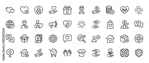 Charity and donation line icon set. Vector pictograms of volunteer, hand, money, gift box, heart, care, support, help, fundraising, thin linear illustration.