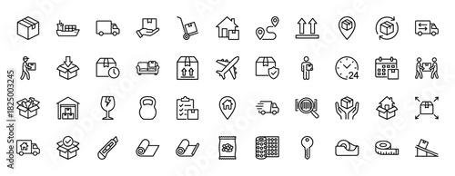 Logistics and shipping line icon set. Vector pictograms of truck, box, delivery, storage, and packaging, thin linear illustration.